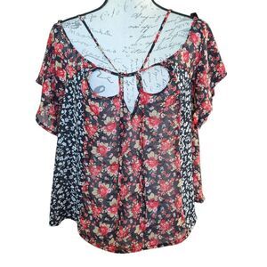 Intu. Women’s Size Large Black White Red Sheer Floral Print Boho Blouse